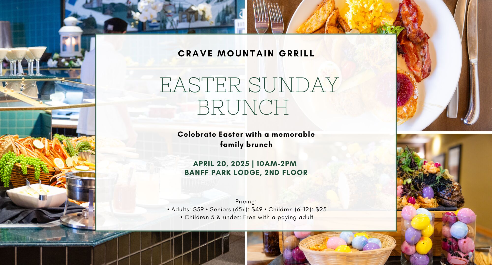 Celebrate Easter with a festive family brunch at Crave Mountain Grill inside Banff Park Lodge. Enjoy a delicious buffet, live music, an Easter Egg Hunt, and a special visit from the Easter Bunny on Sunday, April 20th, 2025!
